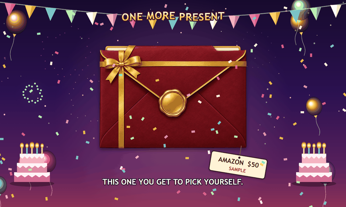 The gift card stage of a sample game: a sealed envelope with a gold ribbon and wax seal, with a small tag naming the card and the amount.