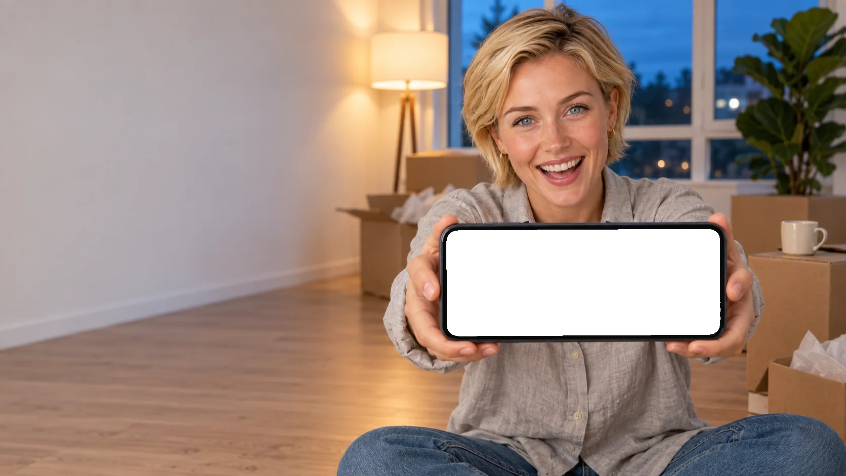 Isla holding a phone, with the sample game running on its screen.