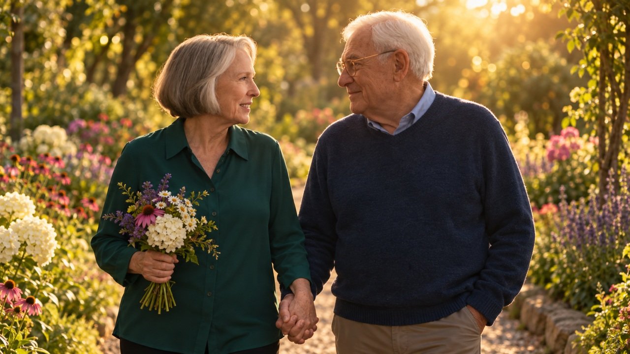 Fictional older couple walking together in a garden