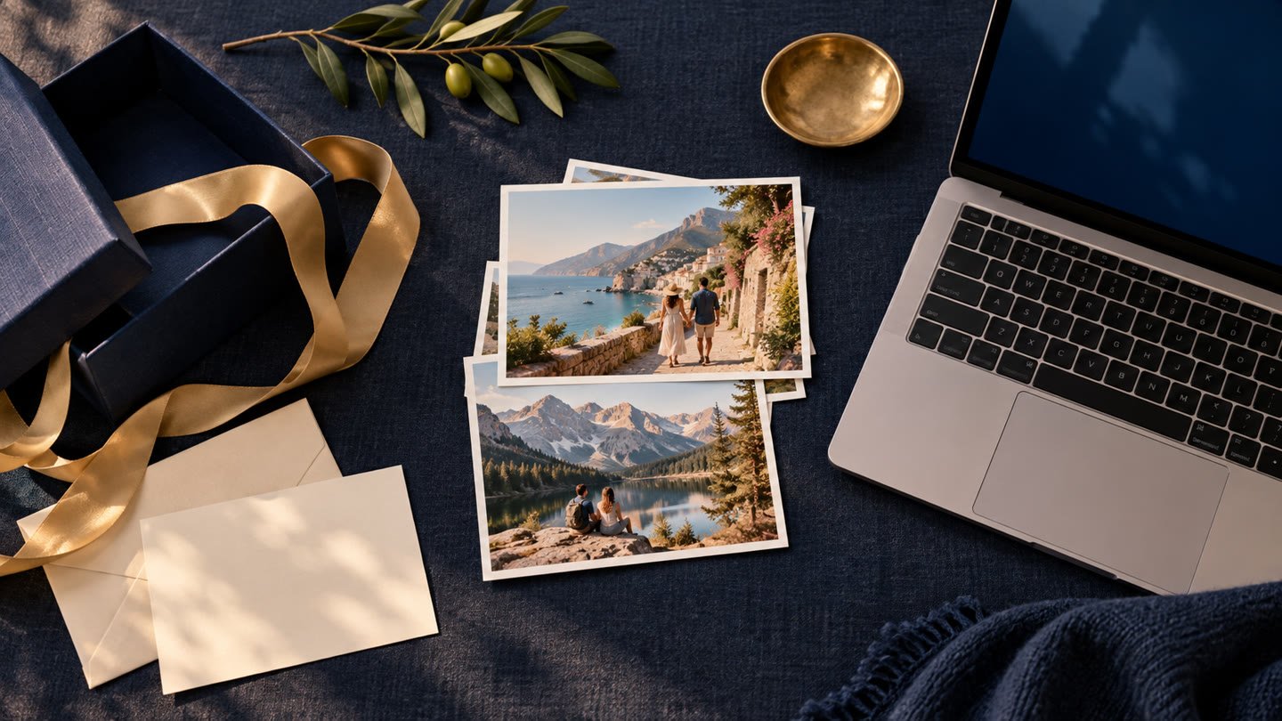 A gift box and travel photographs arranged on an indigo desk