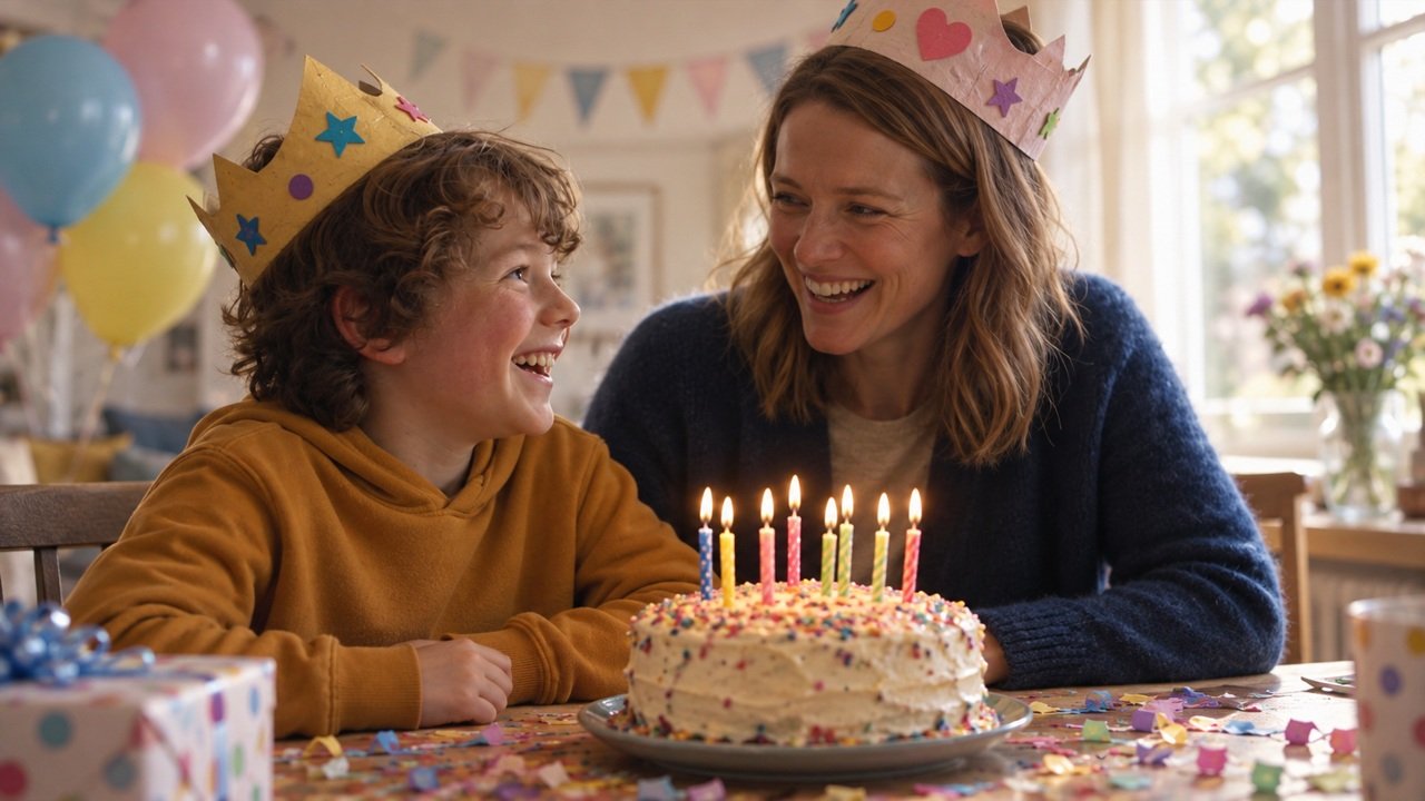 Fictional boy and his mother celebrating with a birthday cake