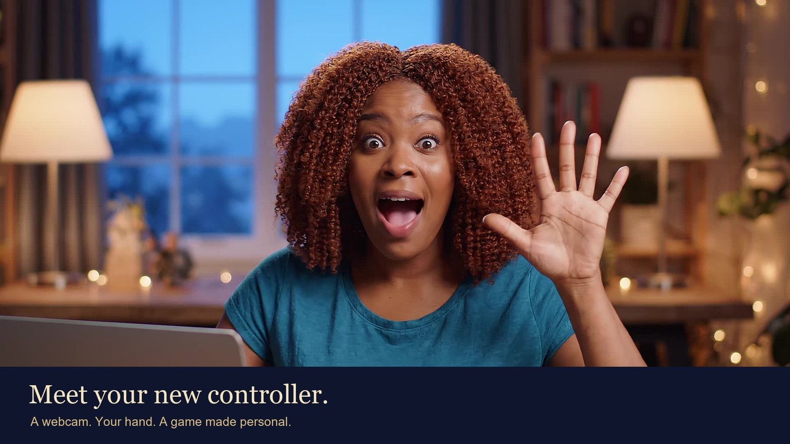 Fictional player with auburn curls raising an open hand toward a laptop webcam