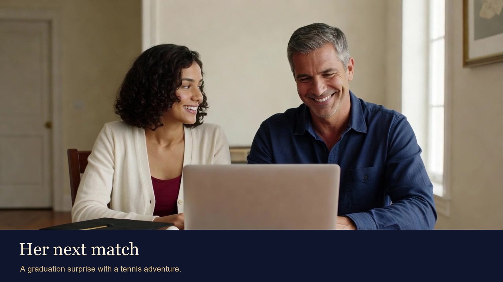 Fictional graduate Ava and her father smiling together at a laptop