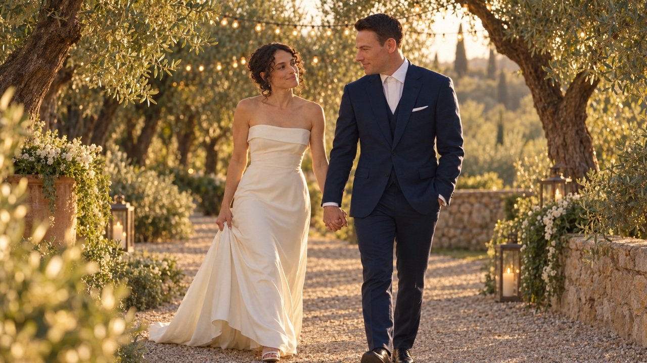 Fictional newlyweds walking together in a sunlit garden