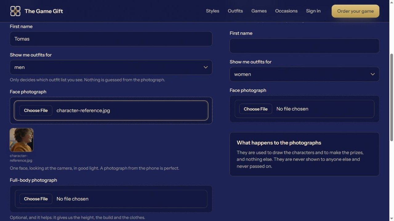 The Game Gift order form showing a character photograph upload