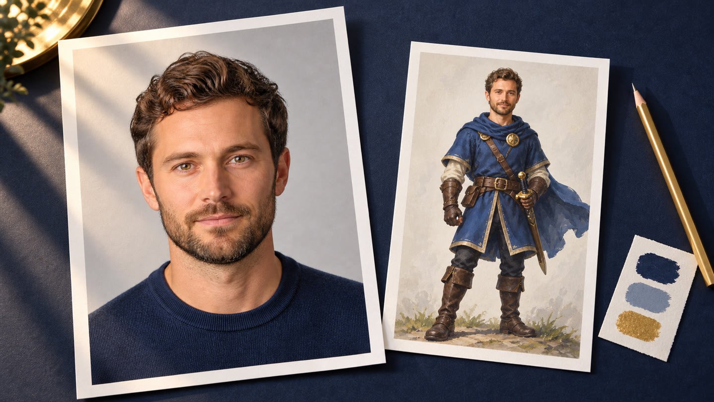 Rowan’s fictional portrait alongside the playable knight created for his Castle Quest demo