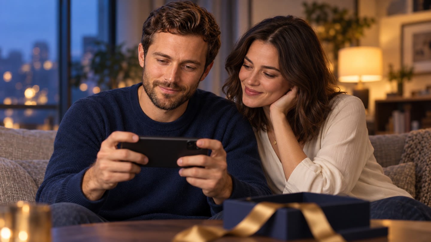 An illustrated gift-giving scene with fictional demo recipient Rowan and his partner sharing a phone