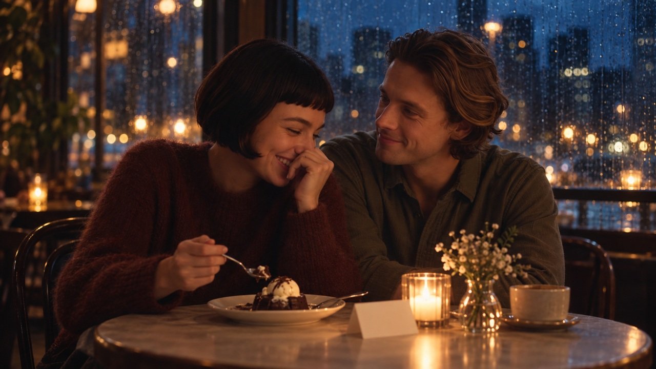Fictional young couple sharing dessert in a cafe