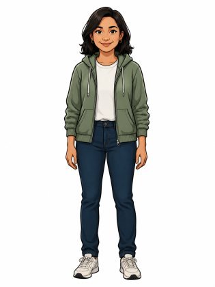 Hoodie and jeans, drawn on an invented woman