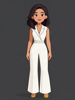 White jumpsuit, drawn on an invented woman