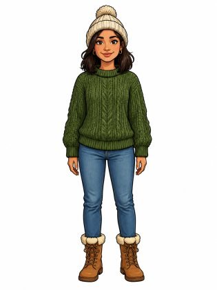 Cosy knitwear, drawn on an invented woman