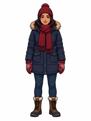 Winter coat, drawn on an invented woman