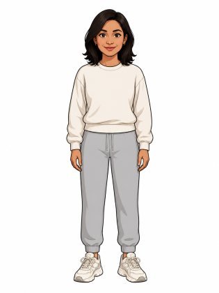 Sweatshirt and joggers, drawn on an invented woman