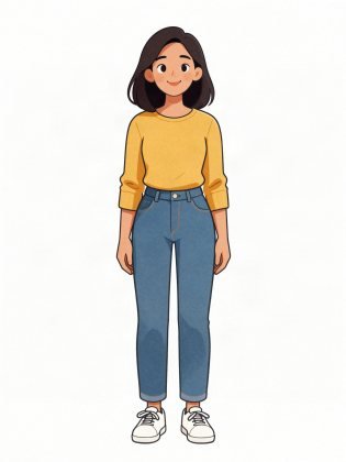 Jeans and a top, drawn on an invented woman