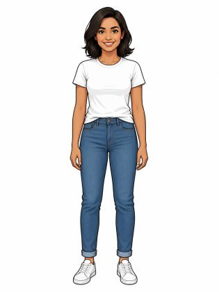 T-shirt and jeans, drawn on an invented woman