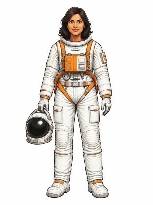 EVA suit, drawn on an invented woman