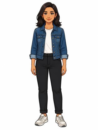 Denim jacket, drawn on an invented woman