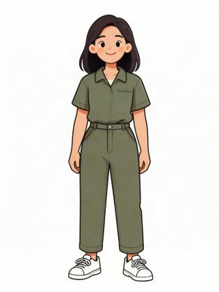 Jumpsuit, drawn on an invented woman