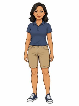 Polo and shorts, drawn on an invented woman