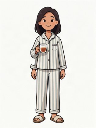 Pyjamas and slippers, drawn on an invented woman