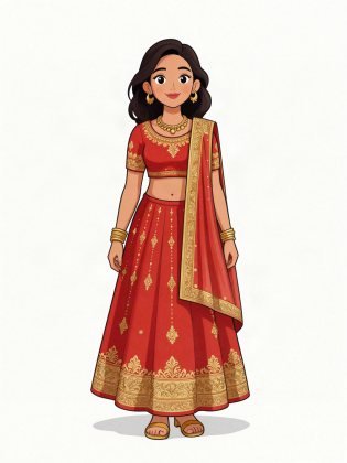 Red and gold lehenga, drawn on an invented woman