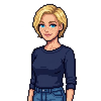 A woman drawn in the pixel art style