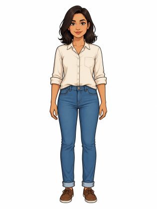 Shirt and jeans, drawn on an invented woman